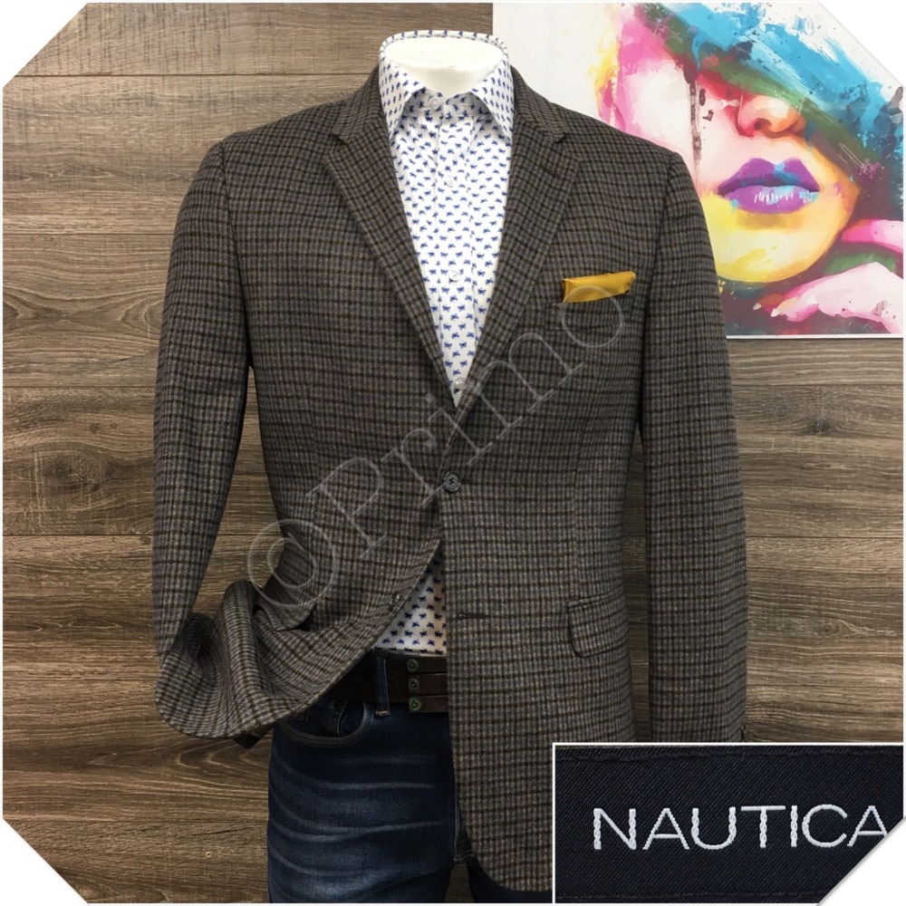 NAUTICA Mens Blazer Sport Coat Casual Jacket Size 42L Wool‎ Classic Brown Suit
